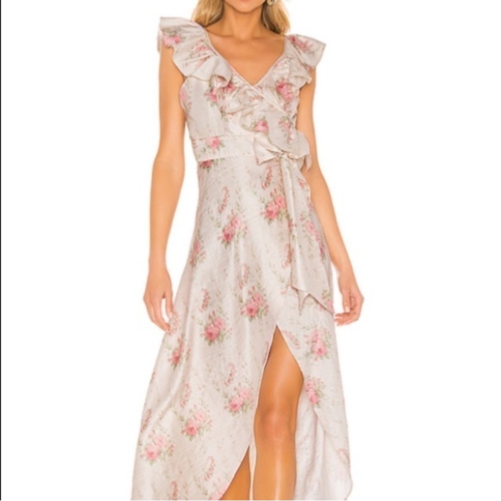 LoveShackFancy Floral Ruffle Wrap Maxi Dress - Pink Floral
